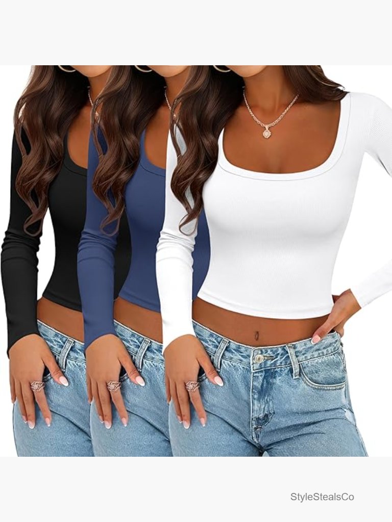 3 Pack Long Sleeve Crop Tops Ribbed Square Neck Slim Fit Thermal